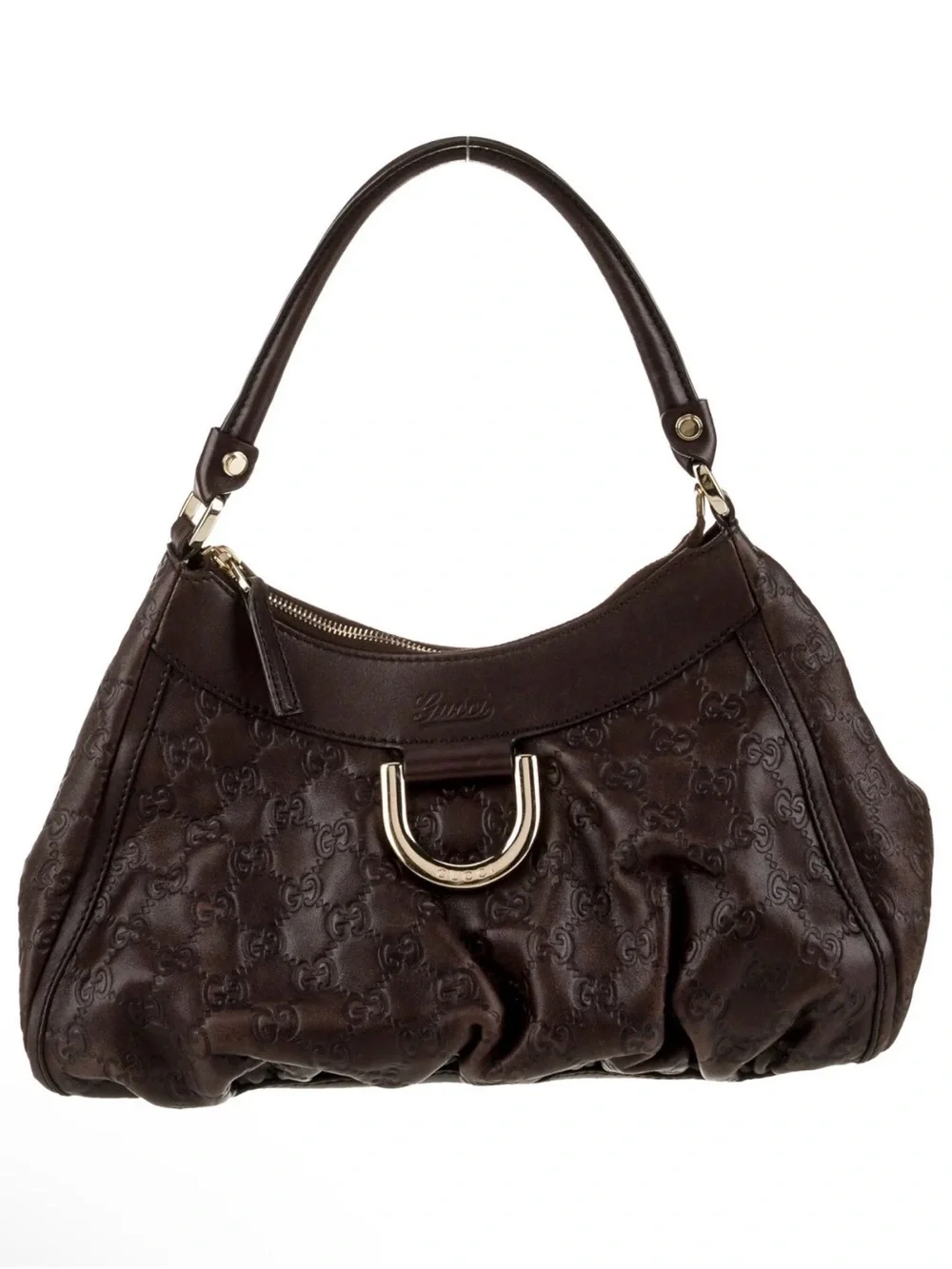Gucci Brown Leather Monogram Hobo with Gold Hardware
